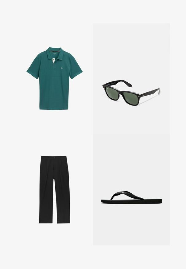 Türkise Polohemden aus atmungsaktivem Material, mit einem Drei-Knopf-Verschluss, kurzen Ärmeln und einem dezenten Logo auf der Brust.; Schwarze Hose mit geradem Schnitt, aus einem glatten Stoff gefertigt. Verfügt über Vorderfalten und einen einzelnen Knopfverschluss an der Taille.; Schwarze Gummi-Flip-Flop-Sandale mit einem strukturierten Riemen und einfacher flacher Sohle, von der Seite auf einem schlichten hellen Hintergrund dargestellt.; Schwarze Plastiksonnenbrille mit grünen Gläsern, quadratischen Rahmen, silbernem Akzent auf der Augenbraue und strukturierten Bügeln. Angegebene Marke auf dem inneren Bügel.