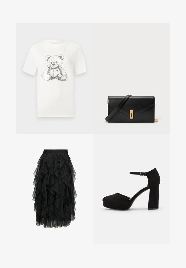 Biała bawełniana koszulka z krótkim rękawem, z nadrukiem misia w odcieniach szarości, ozdobiona cekinami, z okrągłym dekoltem. Klasyczny krój.; Czarna midi spódnica z warstwowego tiulu o falbaniastym wzorze. Posiada elastyczny pas. Przezroczysty materiał dodaje faktury i ruchu.; Czarne zamszowe szpilki na platformie z grubym słupkowym obcasem, zaokrąglonym noskiem i paskiem wokół kostki zabezpieczonym metalowym klamrem. Gładka faktura na całej powierzchni.; Czarny skórzany portfel z klapą, złotą okuciami, z akcentem logo. Zawiera odpinany pasek do noszenia.