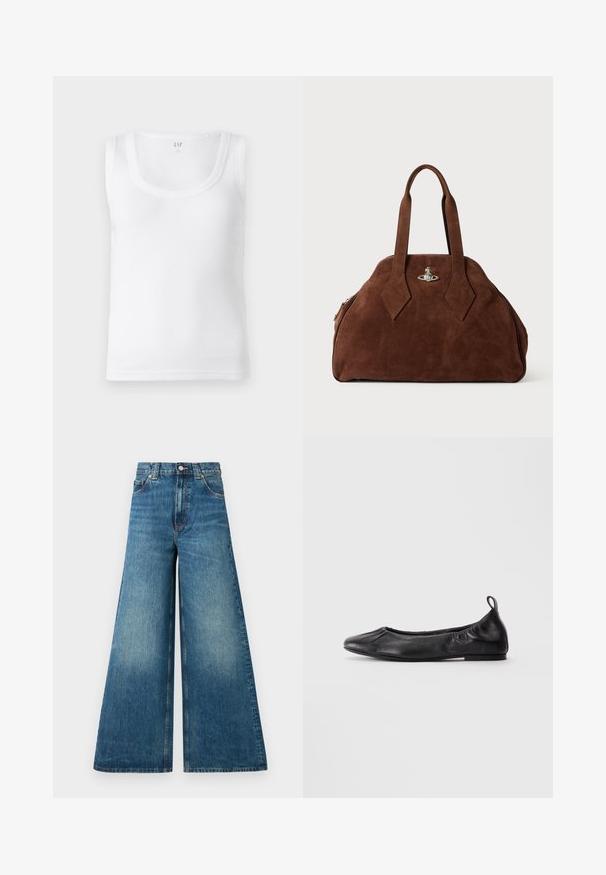 Biała ribbed koszulka na ramiączkach z okrągłym dekoltem i szerokimi ramiączkami. Wykonana z lekkiego materiału. Charakteryzuje się prostym, czystym designem bez ozdób.; Jeansy o wysokim stanie i szerokich nogawkach w wyblakłym niebieskim denimu, z zapięciem na guzik, szlufkami na pasek i dwiema przednimi kieszeniami.; Czarne skórzane baleriny z okrągłym czubkiem, zebranymi elastycznymi bokami i pętelką na pięcie, prezentowane na jasnym tle.; Brązowa torebka z zamszu o usztywnionym kształcie, zaokrąglonym korpusie i wydłużonych uchwytach w kształcie diamentu. Charakteryzuje się srebrnym zamknięciem.