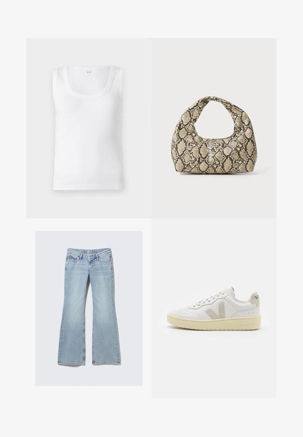 Valge ribadega särk avara kaelusega ja laia rihmaga. Valmistatud kergest kangast. Omab puhtaid, lihtsaid jooni ilma kaunistusteta.; Weekday NOVA - Liibuvad teksad - lip blue; Valge nahast tenniseking, millel on beežist siidist aktsent ja aukudega varvas, lame paelad ja tekstureeritud koorevärvi tallad. Omab nüansirikast brändimist kannal.; Musta käärmeprindiga kott kõveraga käepidemega. Valmistatud tekstiilsetest, beežidest ja pruunidest materjalidest, millel on iseloomulik rombikujuline muster.