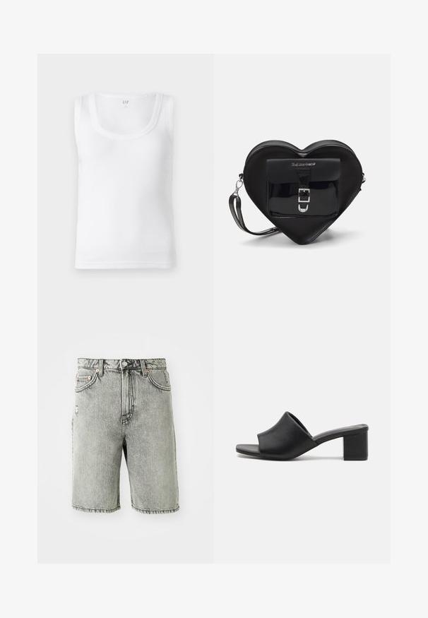 Bela rebrasta majica s širokimi naramnicami in okroglim izrezom. Narejena iz lahkega blaga. Ima preprost, brezokrasen dizajn.; Sive denim kratke hlače z klasičnim pet-pocket dizajnom, bledim videzom in našitki na robovih in pasu.; Črne usnjene mule z blokastim petami in odprto tobko, s sijočo površino in rahlo ukrivljenim zgornjim delom za udobje in stil.; Črna torbica v obliki srca, izdelana iz lakirane usnje, s sprednjim žepom, ki se zapira z zaponko, in snemljivim trakom. Srebrni dodatki.