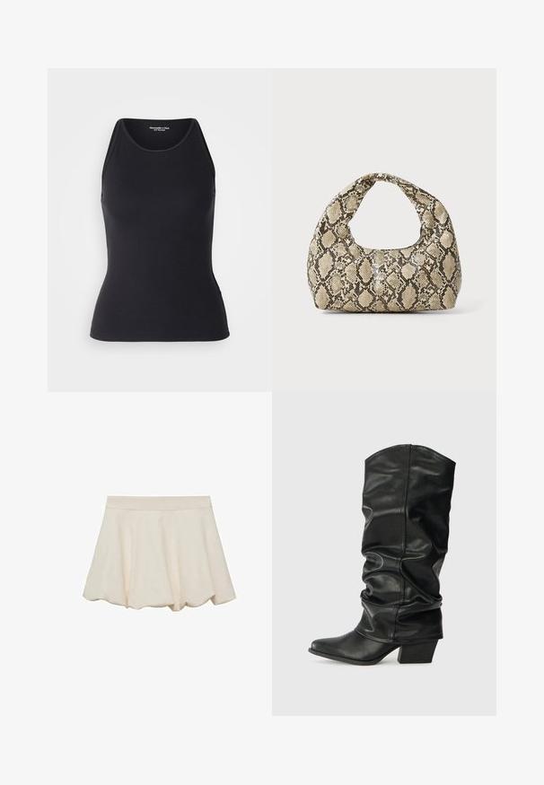 Abercrombie & Fitch HIGHNECK 4WAY CURVE HEM CAMI - Top - black beauty; Cremefarvet nederdel med en blød, glat tekstur, rundet design og en bølget kant. Har en bred, elastisk talje for komfort.; Sorte læderknæhøje støvler med et skrånet design, spids tå og chunky hæl, der har en glat overflade og minimal syning.; Slangeprint håndtaske med et buet håndtag. Lavet af strukturerede, beige og brune materialer, med et karakteristisk diamantmønster.