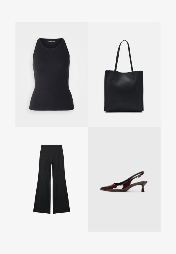 Abercrombie & Fitch HIGHNECK 4WAY CURVE HEM CAMI - Top - black beauty; Schwarze weit geschnittene Hose mit glatter Textur, ausgestattet mit Frontfalten und einem taillierten Design. Der Stoff ist leicht und fließend.; Braune Lackleder-Slingback-Schuhe mit spitzer Zehe und moderatem Absatz. Mit einem Schnallenriemen für einen sicheren Sitz. Glatte Textur.; Schwarze Laptoptasche aus Leder mit glatter Textur, rechteckiger Form und zwei langen Griffen. Keine sichtbaren Beschläge oder Verzierungen.