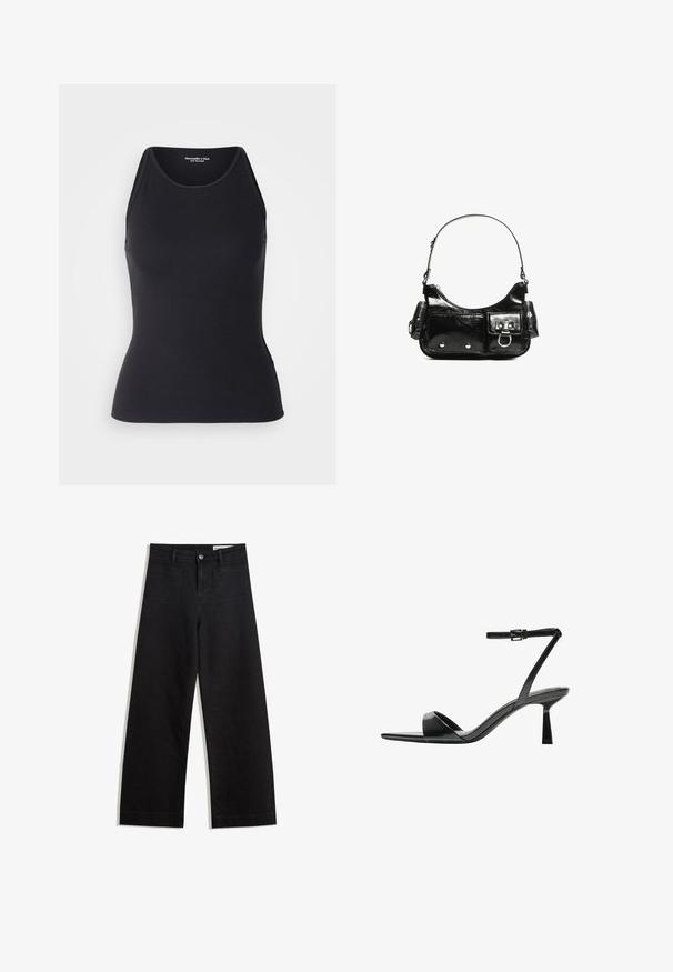 Abercrombie & Fitch HIGHNECK 4WAY CURVE HEM CAMI - Top - black beauty; Sorte wide-leg denim bukser med høj talje, der har front- og baglommer, syede sømme og en knaplukning. Glat tekstur.; Bershka Højhælede sandaletter / Højhælede sandaler - black; Sort patenteret læder håndtaske med en buet form, en skulderrem, frontlommer og hardware accenter i sølvfarve.