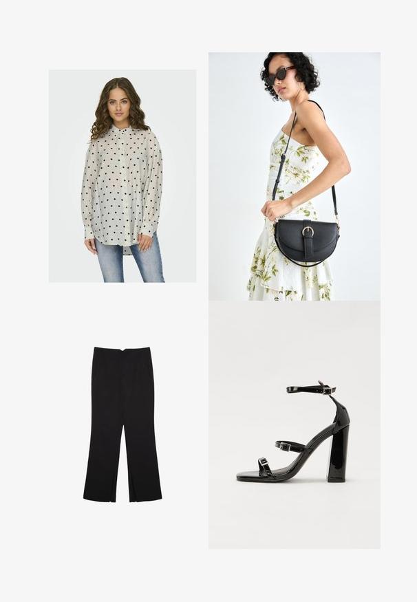 Lagana, prozračna košulja na gumbe s ovratnikom, s bijelom pozadinom i crnim točkicama. Dugi rukavi s dugmadi na manžetama.; Crne hlače ravnog kroja, s prednjim džepovima i bočnim prorezima na rubu. Izrađene od mekog i glatkog materijala. Pogodne za razne prigode.; Crne lakirane sandale na pete sa kvadratnim nosom, trakama oko gležnja i srebrnim kopčama. Imaju čvrst blok petu za stabilnost.; Crna kožna torba s lukovitim oblikom, odvojivim remenom i zlatnim detaljima. Torba ima preklop s kopčom.
