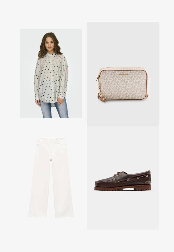 Lehká, průsvitná košile na knoflíky s límečkem, s bílým pozadím a černými puntíky. Dlouhé rukávy s knoflíkovými manžetami.; Bílé široké džíny s vysokým pasem, s předním zapínáním na knoflík a zip, dvěma předními kapsami a poutky na opasek.; Hnědé kožené lodní boty se zlatými očky, kulatými tkaničkami a texturovanou hnědou gumovou podrážkou. Obsahují zašitý detail a vyvýšené logo.; Krémová křížová taška vyrobená z plátna s opakujícím se vzorem loga MK, zlatými kovovými doplňky a řetízkovým popruhem. Obsahuje zipové zapínání a kožené akcenty.