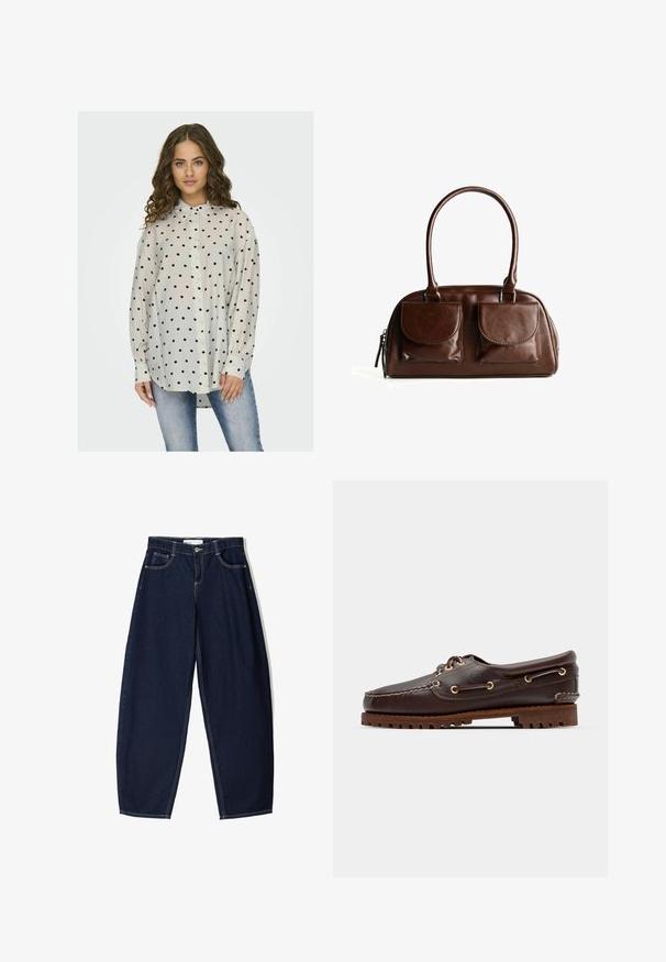 Chemise légère et transparente à boutons avec col, présentant un fond blanc et des pois noirs. Manches longues avec poignets à boutons.; Pantalon en denim bleu foncé avec une coupe ample, comportant cinq poches, des coutures contrastées et une fermeture éclair à l'avant.; Bateau en cuir marron avec des œillets dorés, des lacets ronds et une semelle en caoutchouc marron texturée. Présente des détails de couture et un logo en relief.; Sac à main en cuir brun avec deux poches à rabat sur le devant, poignées arrondies et une fermeture éclair sur le côté sur fond blanc.