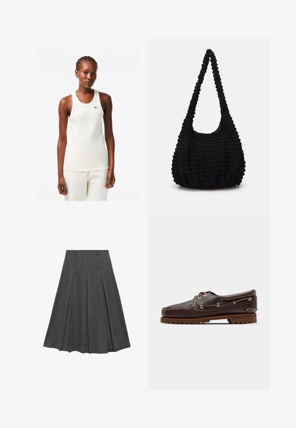 Bijela rebrasta majica bez rukava s okruglim izrezom i zelenim Lacoste logom na prsima, uparen s odgovarajućim bijelim hlačama.; Siva plisirana suknja s raširenim oblikom, izrađena od mekanog materijala. Ima uspravne plisove i glatki pojas za prilagođeni izgled.; Smeđe kožne čamce cipele s zlatnim okomitim rupicama, okruglim vezicama i teksturiranom smeđom gumiranom potplatom. Ima stišnjene detalje i uzdignuti logo.; Crna teksturirana platnena torba s jednim uvijenim remenom, koja ima pufasti oblik i nabran dizajn površine.