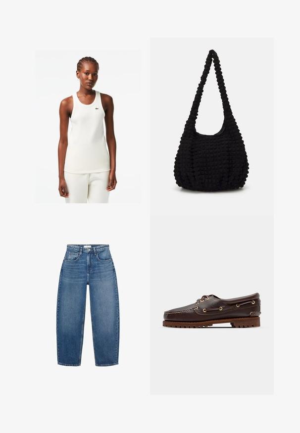 Weißes, geripptes Tanktop mit rundem Ausschnitt und grünem Lacoste-Logo auf der Brust, kombiniert mit passenden weißen Hosen.; Hochgeschnittene blaue Jeans aus Denim mit geradem Schnitt, ausgestattet mit fünf Taschen, Gürtelschlaufen und subtiler Ausbleichung für zusätzliche Textur.; Braune Lederbootsschuhe mit goldenen Ösen, runden Schnürsenkeln und einer strukturierten braunen Gummisohle. Verfügt über genähte Details und ein erhabenes Logo.; Schwarze, strukturierte Stofftasche mit einem einzigen gedrehten Griff, die eine puffige Form und ein gerafftes Oberflächendesign aufweist.