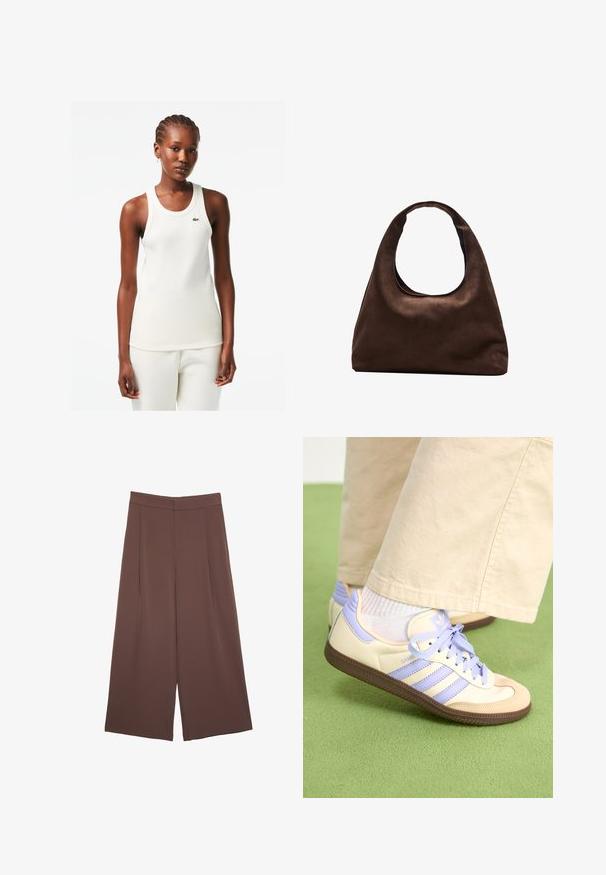 Weißes, geripptes Tanktop mit rundem Ausschnitt und grünem Lacoste-Logo auf der Brust, kombiniert mit passenden weißen Hosen.; Braune Weite-Leg-Hosen mit einer glatten Textur, hoher Taille und Vorderfalten. Der Stoff ist leicht und fällt locker.; Cremefarbene und lavendelfarbene Sneakers mit drei Streifen und einer strukturierten braunen Sohle, ausgestattet mit Schnürsenkeln und einer gepolsterten Ferse. Obermaterial aus weichem Stoff.; Weiche braune Hobo-Stil Handtasche mit einem einzigen breiten Trageriemen und einer geschwungenen Oberteilöffnung, auf einem weißen Hintergrund präsentiert.