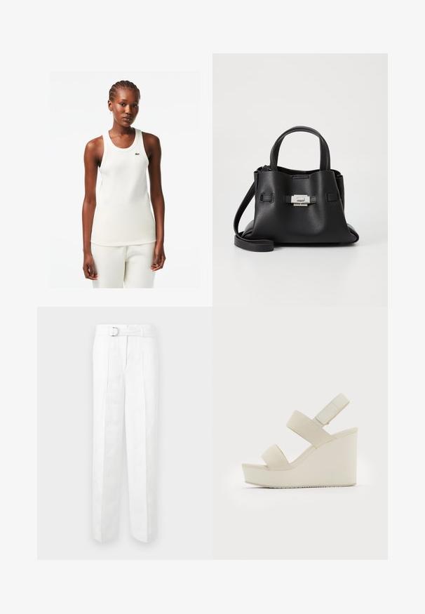 Top sin mangas blanco con acanalado y escote redondo, con el logotipo verde de Lacoste en el pecho, combinado con pantalones blancos a juego.; Pantalones blancos ajustados con pierna ancha, lazos para cinturón y un cinturón con una hebilla plateada. Fabricados en un tejido ligero con una textura suave.; Sandalias de cuña beige con dos correas anchas y un tacón cónico. Fabricadas en un tejido suave con una suela texturizada. Logo grabado en el tacón.; Bolso de mano de cuero negro con un acabado texturizado, que cuenta con dos asas superiores, una correa de hombro desmontable y un detalle de broche plateado.