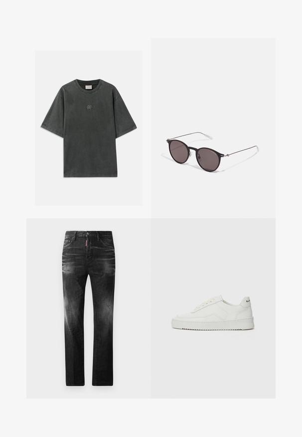 T-shirt de algodão cinza com um corte folgado, mangas curtas e decote redondo. Apresenta um pequeno logotipo no peito. Textura suave.; Jeans de denim preto com um corte reto. Apresentam áreas desbotadas, ligeira degradação, design clássico de cinco bolsos e um fecho de botão.; Sapatilha de couro branco com acabamento suave, bico redondo, atacadores planos e uma sola texturizada. Apresenta um logotipo discreto no calcanhar.; Óculos de sol redondos pretos com lentes escuras e hastes metálicas finas. Inclui pontas de templo transparentes e detalhes em prata na dobradiça. Design minimalista.