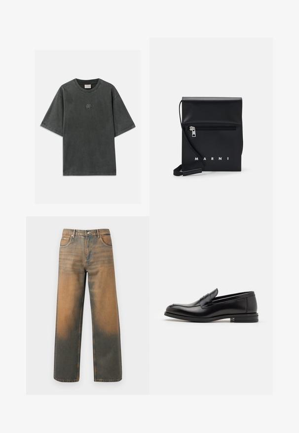 Gray cotton t-shirt with a loose fit, short sleeves, and a round neckline. Features a small logo on the chest. Smooth texture.; Wide-leg jeans in distressed blue and brown denim. Features a high waist, front pockets, and a classic button closure with metallic accents.; Black leather loafers with a smooth texture, rounded toe, and a decorative strap across the vamp. Low stacked heel, minimalist design.; Black leather crossbody bag with a zippered front pocket, embossed logo, and adjustable strap. Smooth texture with a structured shape.