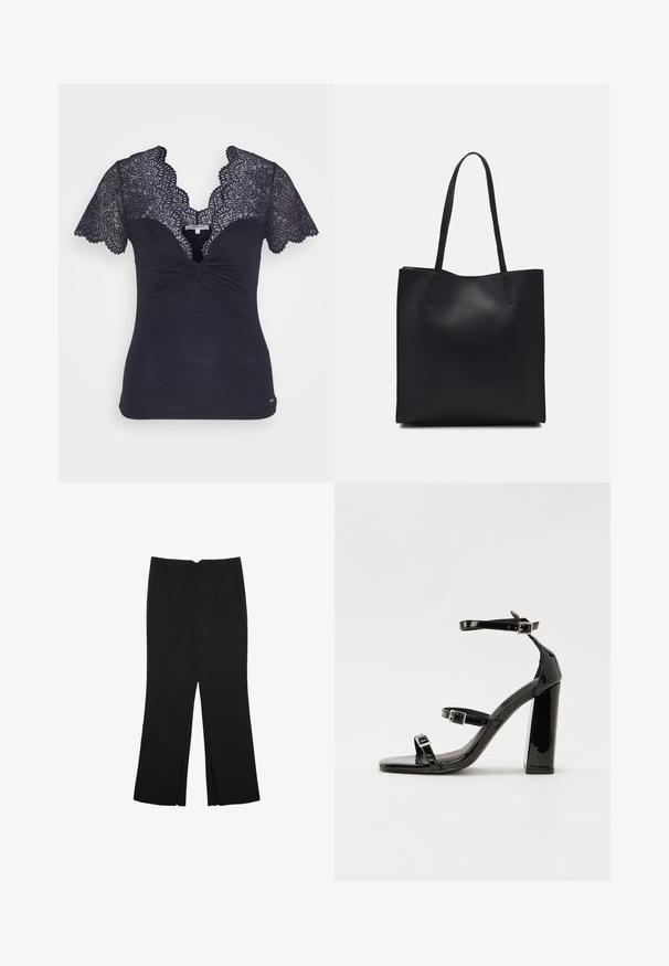Morgan DENNY - T-shirts print - marine; Sorte bukser med lige pasform, der har frontlommer og slidser i kanten. Lavet af blødt, glat stof. Velegnet til forskellige anledninger.; Sorte patenterede hælsandaler med firkantet tå, ankelremme og sølvspænder. Har en chunky blokHæl for stabilitet.; Sort læder tote taske med glat tekstur, rektangulær form og to lange hanke. Ingen synlig hardware eller udsmykninger.