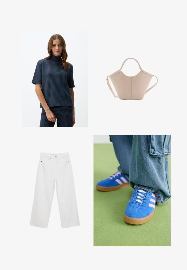 Granatowa bluzka z krótkim rękawem i wysokim kołnierzem, z pionowymi białymi prążkami. Miękka, gładka tkanina o luźnym kroju.; Białe spodnie dżinsowe w stylu szerokich nogawek z wysokim stanem, wyposażone w pięć kieszeni i metalowe akcenty. Gładka struktura, bez widocznych wzorów.; Niebieskie zamszowe buty z różowymi paskami i białymi sznurowadłami, z gumową podeszwą, zestawione z luźnymi dżinsami na zielonej powierzchni.; Beżowa skórzana torebka o unikalnym kształcie, z dwoma krótkimi uchwytami i długim, regulowanym paskiem. Gładka tekstura z minimalną ilością elementów metalowych.
