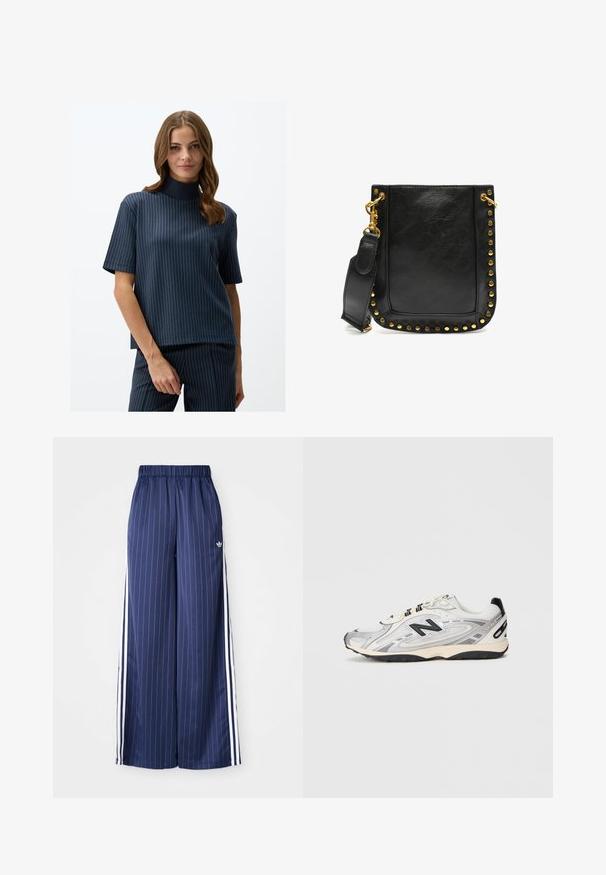 Granatowa bluzka z krótkim rękawem i wysokim kołnierzem, z pionowymi białymi prążkami. Miękka, gładka tkanina o luźnym kroju.; Granatowe szerokie spodnie z pionowymi białymi paskami, elastycznym pasem i trzema białymi paskami po bokach, wykonane z lekkiego materiału.; Szare i białe buty sportowe z zaokrąglonym noskiem, wykonane z siateczki i materiałów syntetycznych, z czarnymi akcentami i teksturowaną gumową podeszwą.; Czarna skórzana torebka z złotymi ćwiekami wzdłuż brzegów, płaskim kształtem oraz regulowanym paskiem z zapięciem z złotego metalu.
