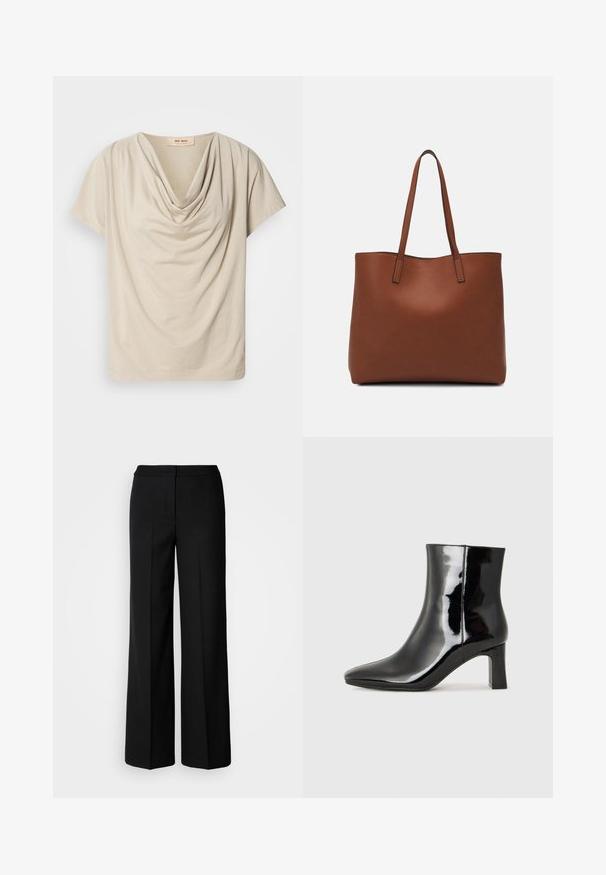 Beige short-sleeve top with a draped cowl neck. Soft, lightweight fabric with a smooth texture and a relaxed fit. Label visible at the neckline.; Black wide-leg trousers with a smooth fabric, featuring a high waist, tailored seams, and a minimalist design. No visible hardware or pockets.; Black patent leather ankle boot with a pointed toe and a mid-height block heel. Smooth texture and minimalist design.; Brown leather tote bag with a smooth texture, open top design, and two shoulder straps. Features minimal stitching and no visible hardware.