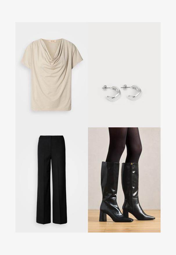 Bežinis trumpomis rankovėmis marškinėliai su drapiruotu apykaklės dizainu. Minkšta, lengva medžiaga su lygiu paviršiumi ir laisvu sijonu. Etiketė matoma kaklo zonoje.; Juodos plačios kojų kelnės su lygia medžiaga, pasižyminčios aukštu liemeniu, pritaikytais siūlėmis ir minimalistiniu dizainu. Nėra matomų metalo detalių ar kišenių.; Juodų odinių batų iki kelių su blizgiu paviršiumi, smailia nosimi ir masyviu kulnu. Šone esanti užtrauktuko detalė, kad būtų lengviau užsidėti.; Sidabrinės auskarų kilpos su lygiu, blizgiu paviršiumi. Apvalios formos su šiek tiek išlenktu dizainu ir sumaišytomis briaunomis. Smeigtuko užsegimas.