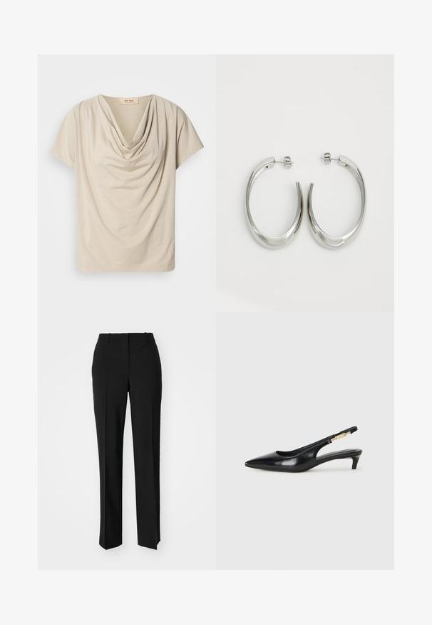 Beige t-skjorte med korte ermer og drapert cowl-hals. Myk, lett stoffer med en glatt tekstur og en avslappet passform. Etikett synlig ved halsen.; Sorte skreddersydde bukser med rett silhuett, med en glatt tekstur og klare pressede bretter foran. Ingen synlig maskinvare.; Sorte lærreim hæler med spiss tå, som har en slank hæl og en gullfarget detalj på den justerbare stroppen. Glatt tekstur.; Sølvøreringer med en jevn, buet design. Har en blank metallisk finish og en studlås. Ingen synlige mønstre eller aksenter.