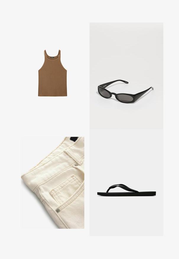 Brun ærmeløs tanktop lavet af ribbet stof. Har en rund halsudskæring og brede skulderstropper. Simpelt design uden mønstre eller udsmykninger.; Lyseblå langærmet skjorte med en blød tekstur, knaplukning foran og traditionel krave. Har knapmansjetter og en afrundet kant.; Krystalhvide denimbukser med en tekstureret overflade, der har en lille frontlomme og kontrasterende syninger. Ideel til afslappet brug.; Sorte gummiflip-flopsandaler med en tekstureret rem og simpel flad sål, vist fra siden på en lys ensfarvet baggrund.; Henrik Vibskov MEGAN SUNGLASSES UNISEX - Solbriller - black; Sort læderhandbag med en struktureret rektangulær form. Har et gyldent ovalt lås og en tynd skulderrem. Glat tekstur.