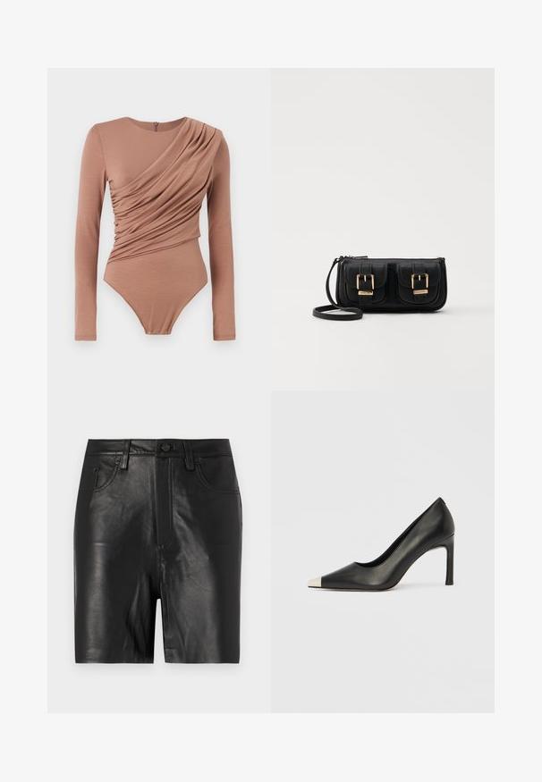 Bodysuit z dolgimi rokavi v mehkem rjavem blagu, ki ima drapirano zasnovo spredaj in pritisni gumb na dnu. Gladka tekstura, prilegajoča se oblika.; Črne usnjene hlače s gladko teksturo, ki imajo sprednji zadrgo, gumbasto zapiranje in klasičen dizajn s petimi žepi.; Črni usnjeni čevelj z visokim petom, s koničastim prstom in kovinsko srebrno kapico. Ima gladko površino in vitko peto višine 10 cm.; Črna usnjena torbica čez ramo z dvema sprednjima žepoma, zlatimi zaponkami, zadrgo in ozkim pasom. Tekstura površine je strukturirana, obliko pa ima kompaktno pravokotno.