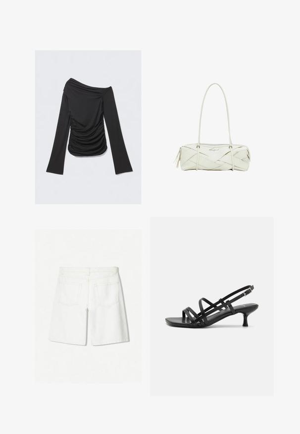 Fekete, vállig nyitott, hosszú ujjú felső, oldalán ráncolt textúrával, puha, rugalmas anyagból készült, testhezálló fazonnal.; Fehér farmer rövidnadrág, egyenes szabással, magas derékkal, két hátsó zsebbel és diszkrét varrási részletekkel.; Fekete magassarkú szandálok több keresztben átkötött pánttal. Simább anyag, hegyes orr és keskeny sarok. Állítható bokapánt kapcsos rögzítéssel.; Fehér bőr kézitáska szőtt textúrával, hosszú vállpánttal, cipzáras záródással és díszítő logóval. Részét képezi a végén található bojt dísz.