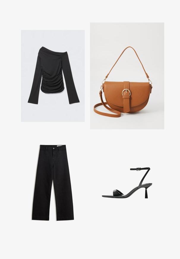 Zwarte off-shoulder top met lange mouwen en geplooide textuur aan de zijkanten, gemaakt van zachte, elastische stof, met een nauwsluitend ontwerp.; Zwarte denim broek met wijde pijpen en een hoge taille, voorzien van voor- en achterzakken, gestikte naden en een knoopsluiting. Gladde textuur.; Bershka Sandalen met hoge hak - black; Bruine leren schoudertas met een gebogen vorm, gouden hardware en een gespaccent. Bevat een afneembare schouderriem.