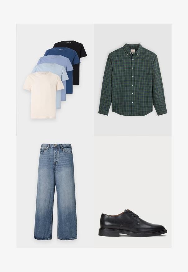 Verzameling van vijf ronde hals t-shirts in tinten van crème, lichtblauw, donkerblauw en zwart, gemaakt van zachte katoen, met een eenvoudig ontwerp.; Langarm overhemd met groen, blauw en gele ruitpatroon, witte knopen en een opknopbare kraag.; Wijde blauwe denim jeans met een vervaagde was, vijf zakken en een knoopsluiting. Voorzien van riemlussen en gestikte details.; Zwart leren dresschoen met een ronde neus, vetersluiting en een lage gestapelde hak. Gladde textuur met minimale stiksels.