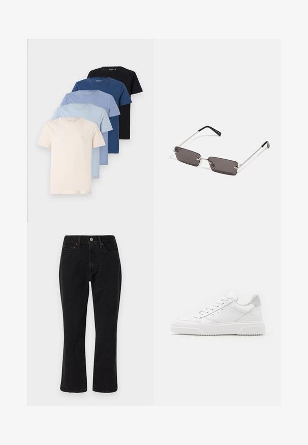 Kollektion von fünf Rundhalsausschnitt-T-Shirts in Cremetönen, Hellblau, Dunkelblau und Schwarz, aus weichem Baumwollmaterial, mit schlichtem Design.; Schwarze Jeans aus Denim mit geradem Bein, Fünf-Taschen-Design und metallischen Elementen mit Kupferakzenten. Glatte Textur und mittelhoher Bund.; Weiße Leder-Sneaker mit glatter Oberfläche, rundem Zehenbereich, flachen Schnürsenkeln und strukturiertem Schuhsohlen. Graues Wildleder-Detail an der Ferse.; Sonnenbrille mit rechteckigen, dunkelgrauen Gläsern, silbernen Metallrahmen und schwarzen Kunststoffenden an den Bügeln. Leichtes Design mit Nasenpads.
