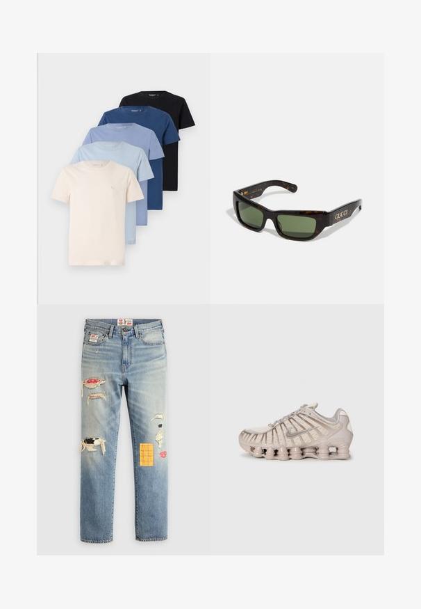 Collezione di cinque t-shirt a girocollo in tonalità di crema, azzurro chiaro, blu scuro e nero, realizzate in morbido cotone, con design semplice.; Jeans in denim blu chiaro con vestibilità rilassata, caratterizzati da toppe strappate in vari colori e motivi, inclusi accenti arancioni e rossi.; Scarpa sportiva beige chiaro con tomaia in mesh, design strutturato e suola ammortizzata distintiva con sezioni cilindriche.; Occhiali da sole tartarugati con lenti verdi. Design della montatura quadrata, con logo dorato sulla tempia. Finitura in plastica liscia.