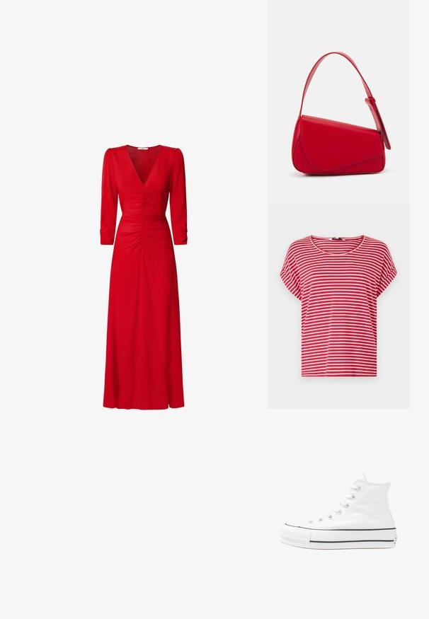 Red and white striped t-shirt made of soft cotton. Features a round neck and short sleeves with a loose, relaxed fit.; Red dress with a V-neckline, three-quarter sleeves, and ruched detailing at the waist and back. Fabric appears smooth and lightweight.; White high-top canvas sneaker with black rubber sole, front rubber toe cap, and six eyelets for laces, featuring a clean, minimalist design.; Red leather handbag with an angular, geometric design. Features a single adjustable strap and a flap closure with stitched detailing.