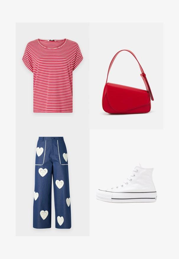 Tricou în dungi roșii și albe, confecționat din bumbac moale. Are un guler rotund și mâneci scurte, cu o croială largă și lejeră.; Sister Jane HEART TO HEART - Blugi drepți - blue denim; Adidași albi tip pantofi sport cu glezna din pânză, cu talpă din cauciuc negru, capac de vârf din cauciuc frontal și șase ochiuri pentru șireturi, având un design curat și minimalist.; Geantă de mână din piele roșie, cu un design unghiular și geometric. Dispune de o singură curea ajustabilă și un sistem de închidere cu clapetă, cu detalii cusute.