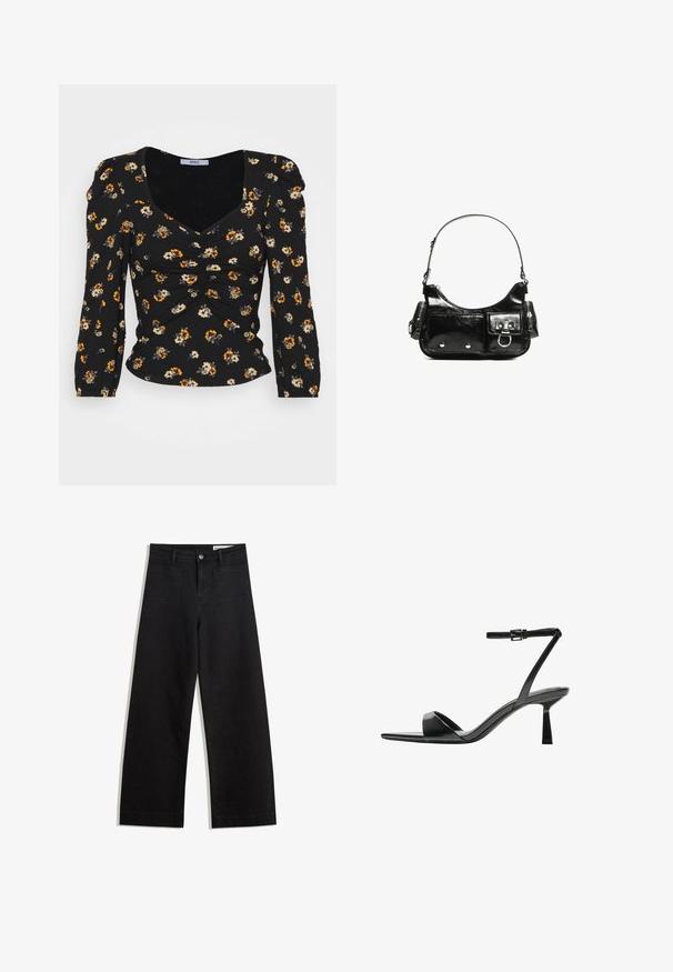 Fekete virágmintás blúz hosszú ujjal. Az elején ráncolt részletek találhatók, valamint négyzet alakú nyakkivágása van. A virágminta sárga és fehér akcentusokkal készült.; Fekete, bő szabású farmernadrág magas derékkal, elülső és hátsó zsebekkel, varrott felületekkel és gombos záródással. Sima textúra.; Bershka Magas sarkú szandálok - black; Fekete lakkbőr kézitáska ívelt formával, egy vállpánttal, elülső zsebekkel és ezüstszínű fémrészletekkel.