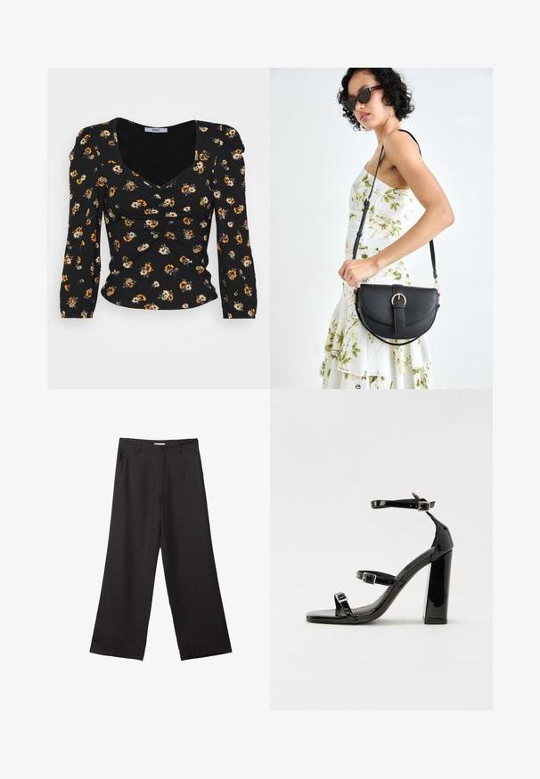Sort blomster top med lange ærmer. Har samling detaljer foran og firkantet udskæring. Blomster mønster i gule og hvide nuancer.; Sorte bukser med vidde, lavet af glat stof, med en frontlynlås og to sidelommer, i en skræddersyet pasform og minimalistisk design.; Sorte patenterede hælsandaler med firkantet tå, ankelremme og sølvspænder. Har en chunky blokHæl for stabilitet.; Sort læderhåndtaske med en buet form, aftagelig rem og guldfinish. Tasken har en klap med en spænde detalje.