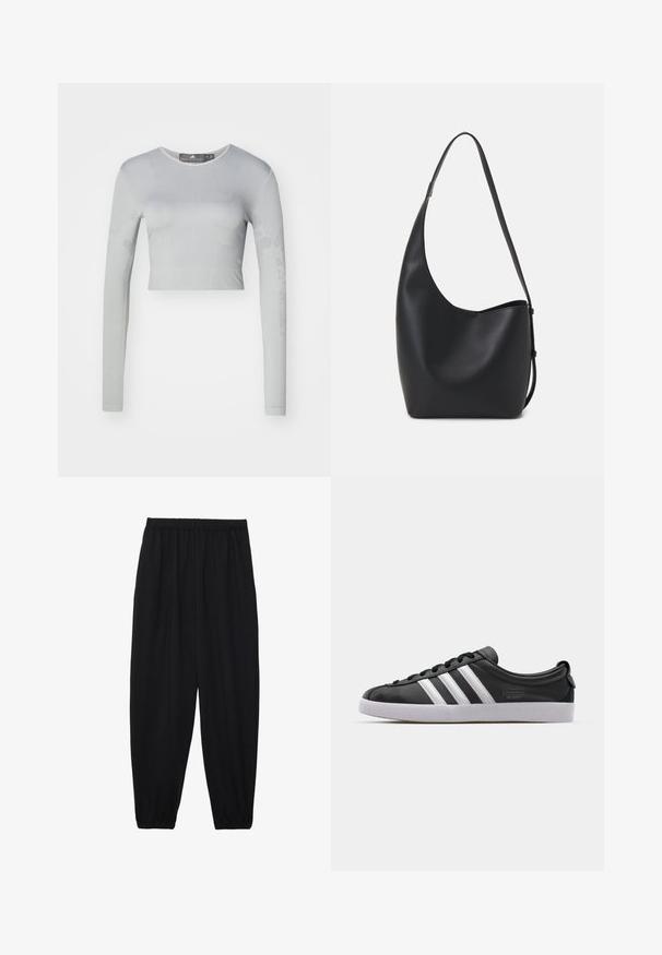 Svijetlosiva dugorukava kratka majica izrađena od rastezljivog materijala, s teksturiranim uzorcima i okruglim izrezom glatke završne obrade.; Crne, lagane hlače s elastičnom stražnjom pasicom i naboranim gležnjevima. Tkanina je glatka i ima opušteni, suženi dizajn.; Crne kožne tenisice s bijelim dizajnom od tri pruge, zaobljenim prstom, ravnim bijelim gumiranim potplatom i oznakom branda sa strane.; Crna kožna hobo torba s glatkom teksturom, zakrivljenim oblikom i jednom podesivom trakicom; ima širok otvor na vrhu.
