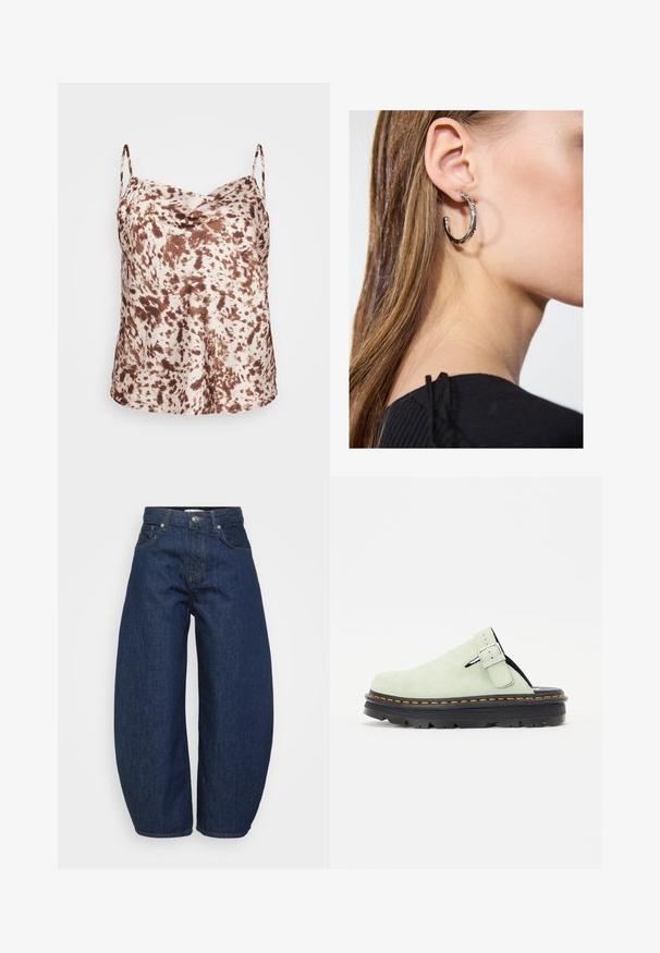 Satin kamisola v rjavih in bež pikah z tankimi naramnicami in drapirano ovratnikom, gladka tekstura in sproščen kroj.; Temne modri kavbojki z višjim pasom, širokimi hlačnicami, sprednjim gumbom in zadrgo ter klasičnim petim žepom.; Svetlozeleni nubuk crocs s zaobljenim prstom, prilagodljivim kopčanjem i crnim teksturiranim đonom s narančastim šavovima.; Srebrna obročasta uhana s polirano površino, ki vključuje majhne zlate poudarke in okroglo obliko, nošena na ušesnem lobu.