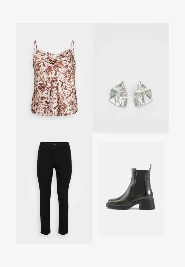 Hnedé a krémové bodkované saténové tielko s tenkými ramienkami a zavinutým výstrihom, hladká textúra a voľný strih.; Čierne denimové nohavice so slim fit strihom, dizajnom s piatimi vreckami, predným zapínaním na gombík a miernym elastanom pre pohodlie. Hladká a rovná textúra s minimálnymi detailmi.; Čierne kožené členkové čižmy s hladkým povrchom, elastickými bočnými panelmi a masívnym opätkom. Obsahujú úchyt na jednoduchšie obúvanie.; Strieborné kovové náušnice s vlnitým, sochárskym dizajnom, s lešteným povrchom a nepravidelnými tvarmi, ktoré zvýrazňujú súčasnú estetiku.