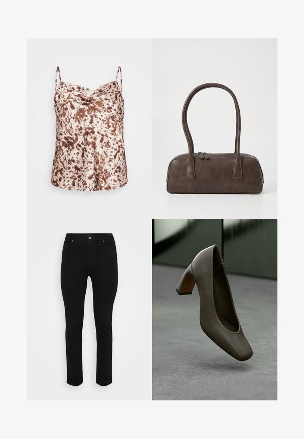 Satin kamisola v rjavih in bež pikah z tankimi naramnicami in drapirano ovratnikom, gladka tekstura in sproščen kroj.; Črne kavbojke iz denima s oprijetim krojem, petimi žepi, sprednjo zaponko in rahlo raztegljivim materialom za udobje. Ravna, gladka tekstura z minimalnimi detajli.; Temno olivno zeleni usnjeni čevlji s petami, kvadratnim nosom in blokasto peto, ki lebde nad sivo betonsko tla s zamegljeno zeleno ozadjem.; Rjava usnjena torbica z dvema trdnima ročkama, pravokotne oblike, gladke teksture in zadrgo. Minimalističen dizajn brez vidnih vzorcev.; Srebrni kovinski uhani z valovitim, skulpturalnim dizajnom, ki se ponašajo s poliranim zaključkom in nerednimi oblikami, kar poudarja sodobno estetiko.