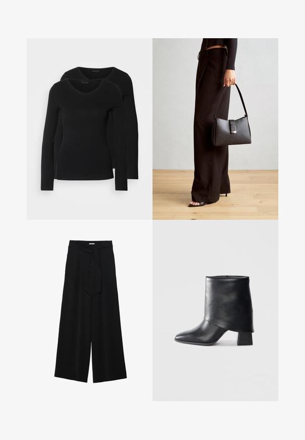 Due camicie a maniche lunghe nere con design a V, realizzate in tessuto morbido e elasticizzato, che mostrano una superficie liscia e una forma aderente.; Pantaloni neri a gamba larga caratterizzati da un tessuto testurizzato, una vita elastica e una cintura staccabile per una vestibilità regolabile.; Stivale in pelle nera alla caviglia con punta affusolata, texture liscia e tacco a blocco strutturato. Presenta un design con risvolto alto.; Borsa nera con forma strutturata, texture liscia e una chiusura metallica. Abbinata a pantaloni neri larghi e sandali open-toe su un pavimento in legno.