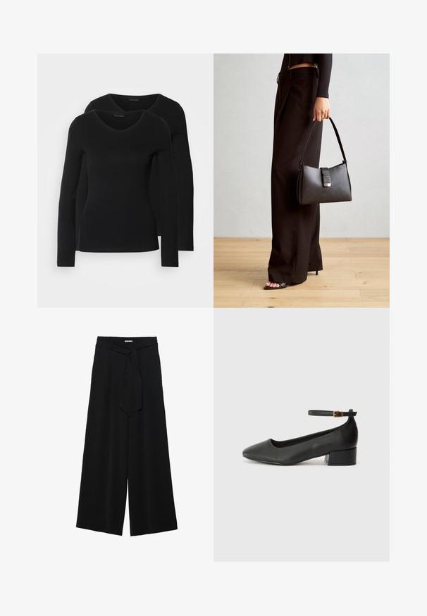 Dvoje čiernych košieľ s dlhým rukávom a výstrihom do V, vyrobených z mäkkej a elastickej látky, s jemnou textúrou a priliehavým strihom.; Čierne široké nohavice s textúrovanou tkaninou, elastickým pásom a odnímateľným viazaním na páse pre nastaviteľné priliehanie.; Čierne kožené lodičky s špicatou špičkou a nízkym blokovým podpätkom. Obsahuje remienok okolo členka so zlatým prackou. Hladký povrch.; Čierna kabelka so štruktúrovaným tvarom, hladkou textúrou a kovovou sponou. V kombinácii so širokými čiernymi nohavicami a sandálmi s otvorenou špičkou na drevenej podlahe.