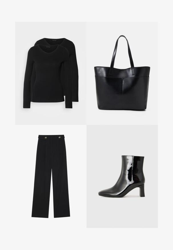Dve črne majice z dolgimi rokavi in V-izrezom, narejene iz mehkega in raztegljivega materiala, ki prikazuje gladko teksturo in prilegnjeno obliko.; Črne široke hlače s visokim pasom, gumbnimi detajli na pasu in sprednjimi gubami.; Črne lakirane gležnjarje z ošiljenim nosom in srednje visokim blokastim peto. Gladka tekstura in minimalističen dizajn.; Črna usnjena torba z dvema dolgima ročajema, gladko teksturo in strukturirano obliko. Ima sprednji žep za dodatno shranjevanje.
