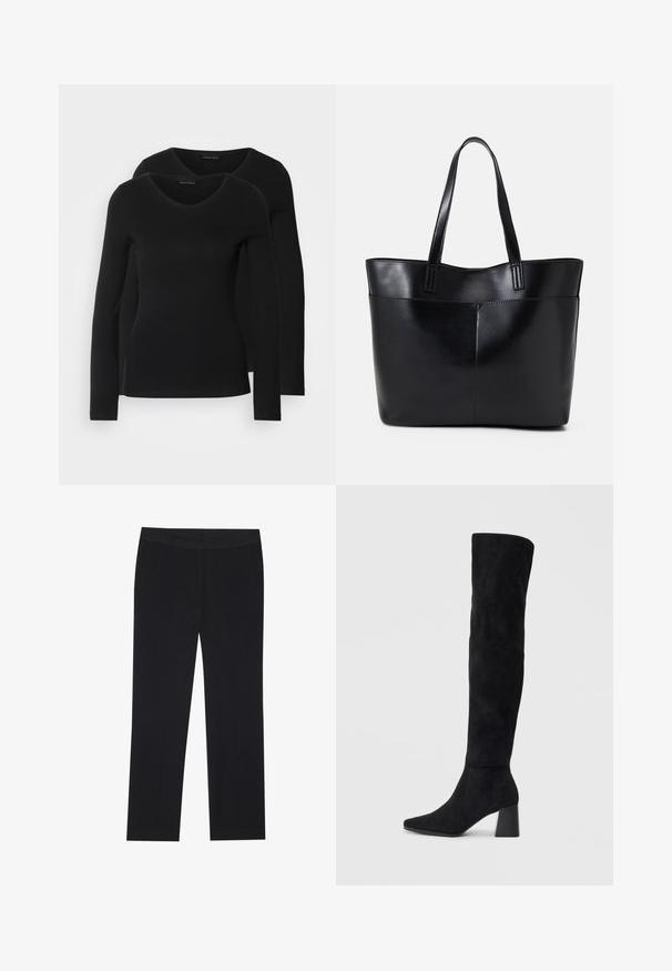 Dvě černé dlouhé rukávy trička s výstřihem do V, vyrobené z měkkého, elastického materiálu, s hladkou texturou a přiléhavým střihem.; Černé kalhoty se střihovým designem rovného nohavice, s bočními kapsami a jemnou texturou látky. Minimální detaily, čistý pas.; Černé semišové vysoké boty s blokovým podpatkem, špičatou špičkou a hladkým, bezšvovým designem na jednoduchém světlém pozadí.; Černá kožená taška s dlouhými ušima, hladkým povrchem a strukturovaným tvarem. Obsahuje přední kapsu pro další úložný prostor.