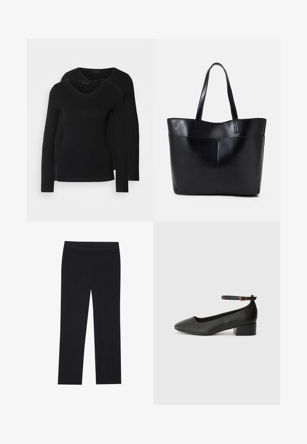 Dwie czarne koszule z długim rękawem o designie w kształcie litery V, wykonane z miękkiego, elastycznego materiału, o gładkiej teksturze i dopasowanym kroju.; Czarne spodnie o prostym kroju nogawki, z bocznymi kieszeniami i gładką strukturą materiału. Minimalistyczne detale, czysty pas. ; Czarne skórzane szpilki z ostrym noskiem i niskim słupkowym obcasem. Wyposażone w pasek na kostkę z złotym zapięciem. Gładka tekstura.; Czarna skórzana torba na ramię z dwoma długimi uchwytami, gładką teksturą i sztywną formą. Posiada przednią kieszeń dla dodatkowego przechowywania.
