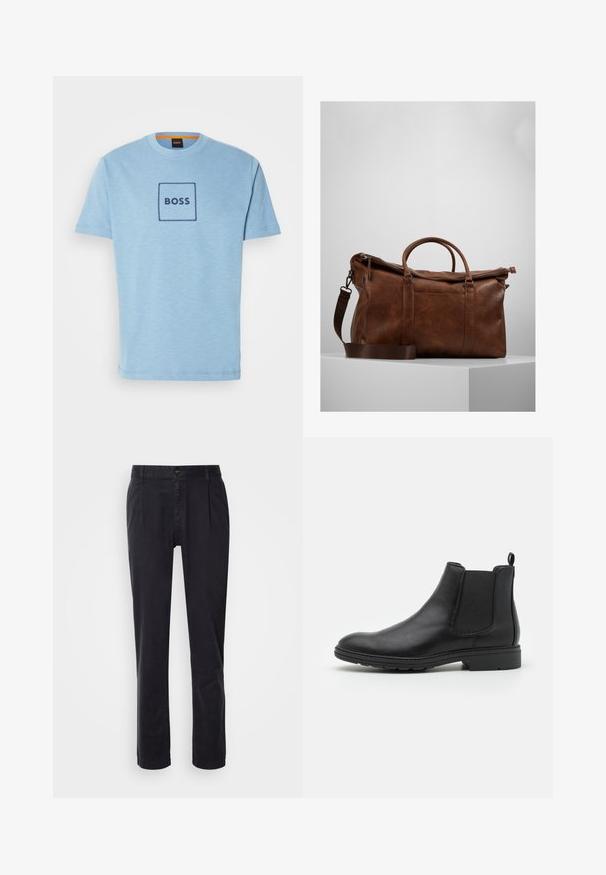 Vaaleansininen puuvillaneule, jossa on pyöreä pääntie. Keskellä on tummansininen neliön muotoinen brodeerattu logo ja lyhyet hihat.; Mustat mittatilaustyönä tehdyt housut, jotka on valmistettu sileästä kankaasta. Ominaisuuksiin kuuluu etuvetoketju, kaksi sivutaskua ja suorat lahkeet. Minimalistinen muotoilu ilman kuvioita.; Mustat nahkaiset Chelsea-nilkkurit, joissa on joustavat sivupaneelit ja vetoketju, pyöristetty kärki ja teksturoitu kumipohja.; Ruskea nahkainen laukku, jossa on vetoketjuluukku, kaksinkertaiset kahvat, säädettävä olkahihna ja pinnassa näkyviä tekstuurikuviota.