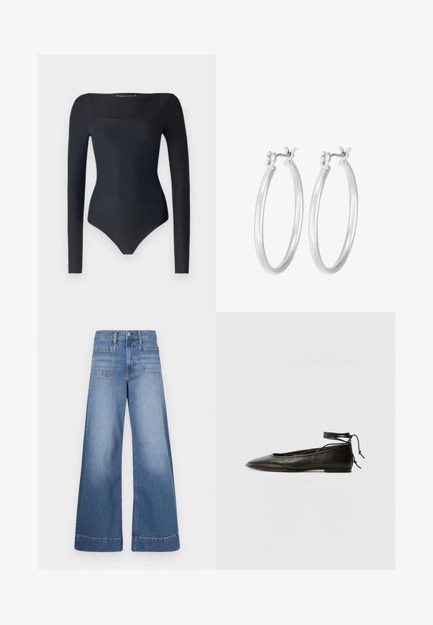 Mustmustel särg, millel on pikad varrukad, ruudukujuline kaelus ja sile, veniv materjal. Omab istuvat siluetti ja stringi stiilis põhja.; Laiad sinised teksad kõrge vöökohaga, kahe esikoti ja kahe tagakotiga, puhta viimistluse ja peene kulumisega.; Must mustast balletijalatsid, millel on terav nina, pahkluu seotud ja lame tall, sujuva tekstuuri ning minimalistlik disain.; Hõbedased rõngaskõrvarõngad, millel on sile, läikiv viimistlus. Ümmargune kuju ja turvaline klõpsulatus. Kerge disain, sobib igapäevaseks kandmiseks.