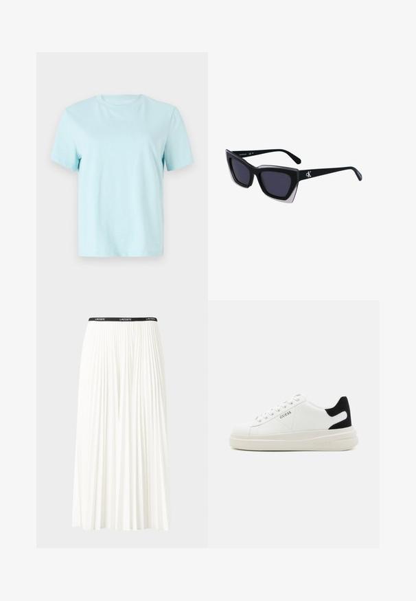 T-shirt de algodão azul claro com mangas curtas, gola redonda e logo 'Calvin Klein' bordado discreto na parte da frente.; Saia plissada branca com uma cintura elástica preta que apresenta o logótipo "LACOSTE". Design de comprimento médio com textura suave.; Sapatilhas brancas de couro com uma sola branca espessa, detalhe em camurça preta no calcanhar e logótipo em relevo na lateral. Design com atacadores e seis ilhós.; Óculos de sol oversized pretos com forma geométrica, apresentando lentes escuras e um detalhe cinza em contraste na armação. Logotipo na haste.