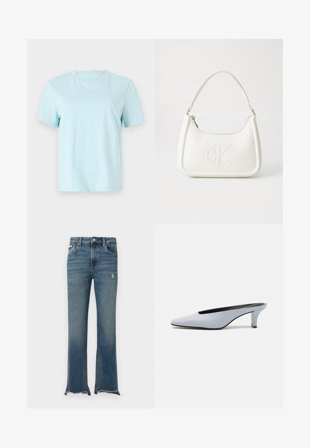 Light blue cotton t-shirt featuring short sleeves, a crew neck, and subtle 'Calvin Klein' embroidered logo on the front.; Blue denim jeans with slight distressing, raw frayed hems, front pockets, belt loops, and a button closure.; Light blue patent leather mule with a pointed toe, low transparent heel, and a sleek design featuring a cut-out at the vamp.; White leather handbag with a curved shape, featuring an embossed "CK" logo on the front and a single shoulder strap. Zipper closure at top.