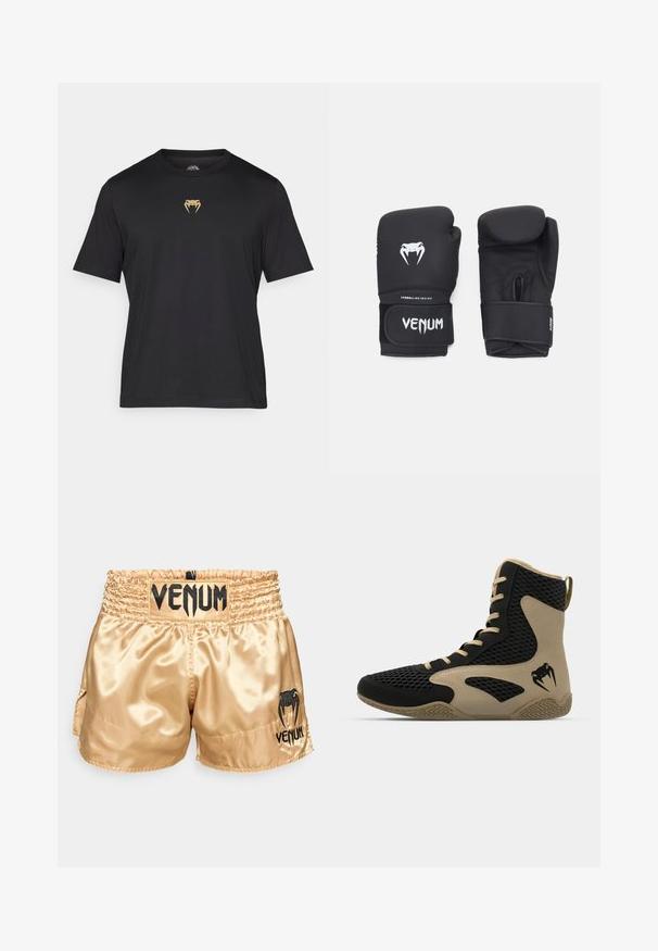 Black short-sleeve t-shirt made of smooth fabric, featuring a gold snake logo on the chest, crew neckline, and a relaxed fit.; Golden satin boxing shorts with black "VENUM" logo on waistband and side, featuring a smooth texture and elastic waistband for comfort.; High-top athletic shoe featuring a black mesh exterior with beige accents. Textured rubber sole and logo detail on the side.; Black boxing gloves with a smooth texture, featuring a white venom logo and adjustable hook-and-loop strap for secure fit.