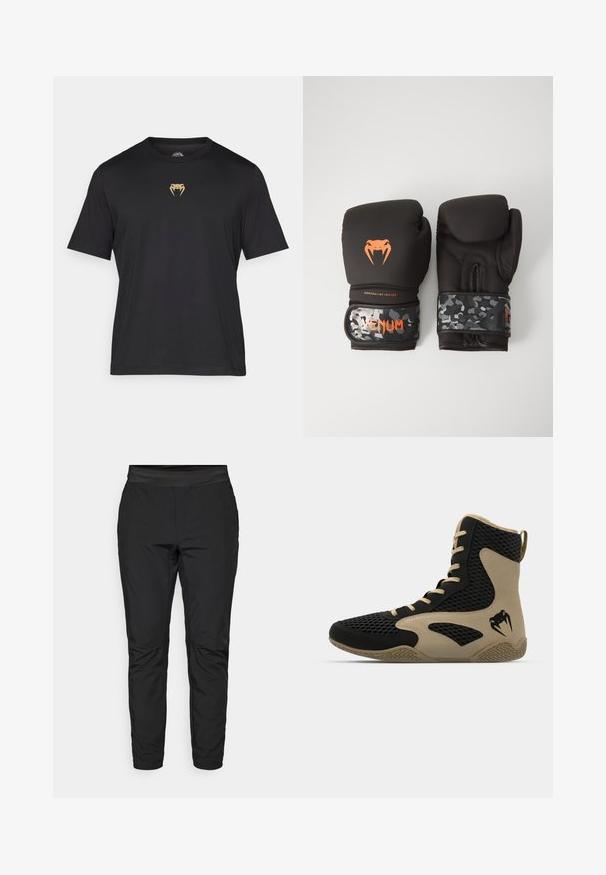 T-shirt nero a maniche corte realizzato in tessuto morbido, con logo di serpente dorato sul petto, scollatura rotonda e vestibilità rilassata.; Pantaloni neri elasticizzati con un design aderente, vita elastica e tasche con zip. Texture liscia con una finitura leggermente lucida.; Scarpa sportiva alta con esterno in rete nera e dettagli color beige. Suola in gomma testurizzata e logo sul lato.; Guanti da boxe neri con finitura opaca e design ergonomico. Dettagli del logo arancione e cinturini per il polso a motivo camouflage.