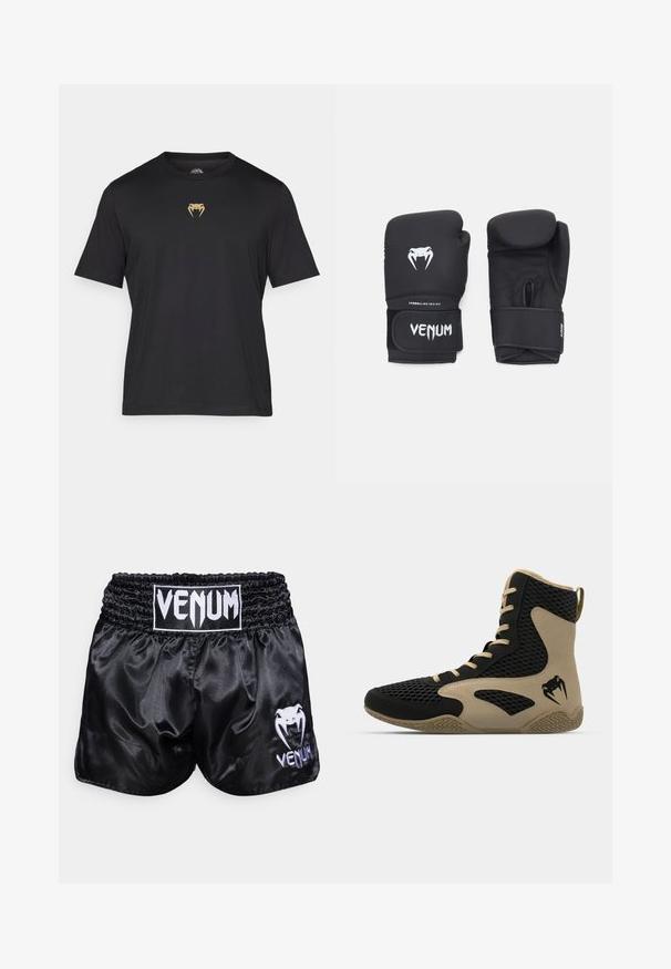 T-shirt noir à manches courtes en tissu lisse, avec un logo en forme de serpent doré sur la poitrine, un col rond et une coupe décontractée.; Shorts de boxe en satin noir avec une taille élastique ; présente un logo blanc et un design de serpent sur la jambe gauche. Texture lisse.; Chaussure de sport montante avec un extérieur en mesh noir et des accents beiges. Semelle en caoutchouc texturée et détail de logo sur le côté.; Gants de boxe noirs avec une texture lisse, présentant un logo Venom blanc et une sangle ajustable à velcro pour un maintien sécurisé.